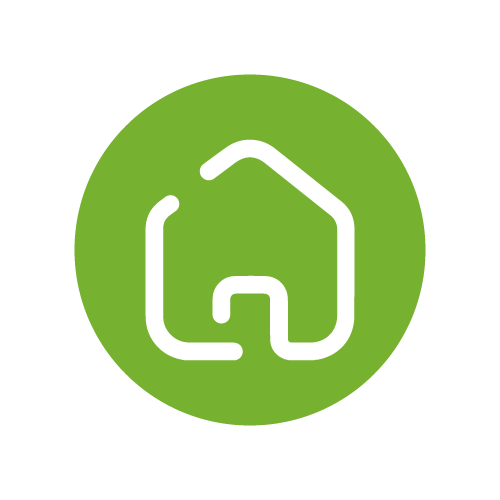 Green circular logo with a white outline of a house.