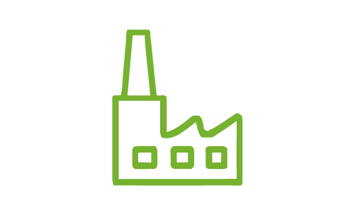 Green outline of a factory or industrial building with a tall chimney.