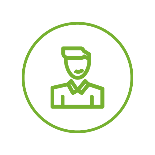 Simple green outline of a smiling person in business attire inside a circle.