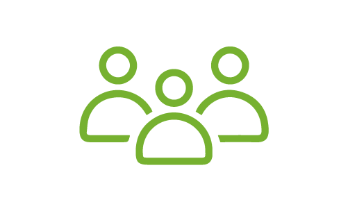 Icon of three connected people in green outline