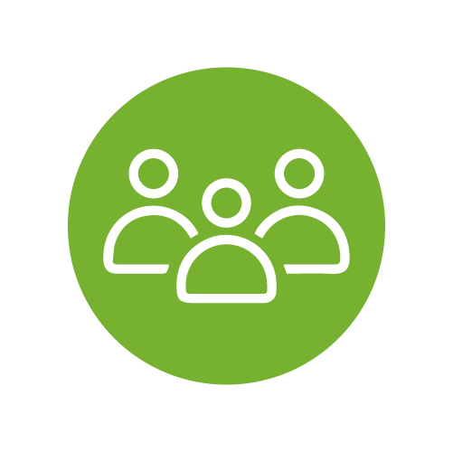 Icon of three people inside a green circle, representing a group or community.