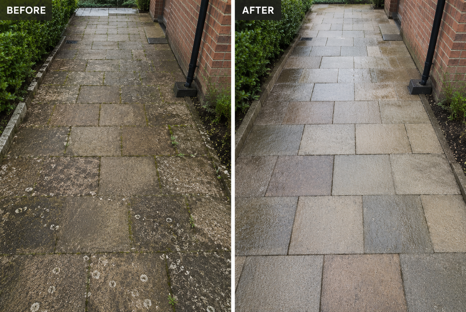 Comparison of a weathered, moss-covered brick sidewalk before cleaning and a clean, new-looking brick sidewalk after cleaning.