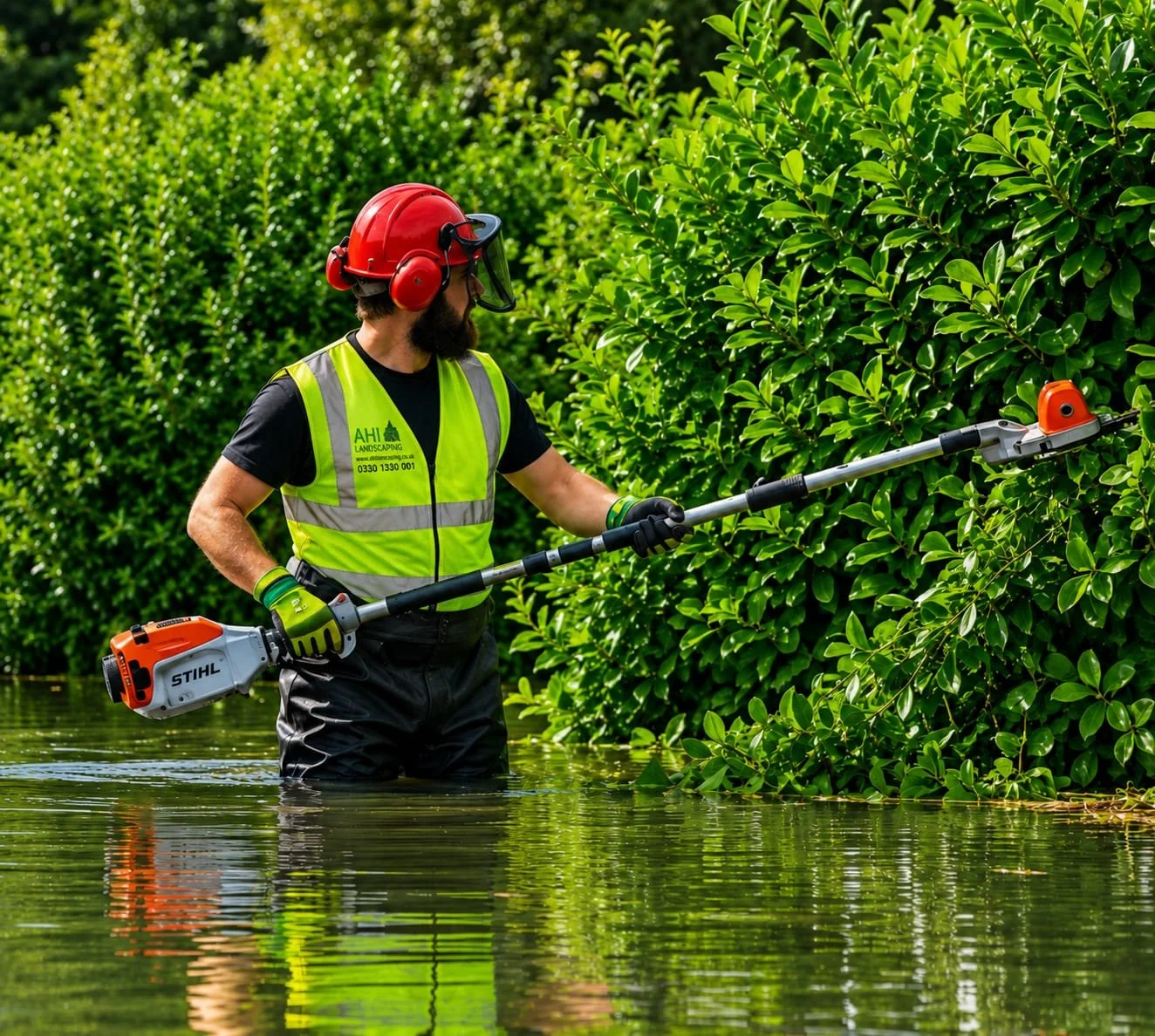 A man wearing a high-visibility vest, red safety helmet, and gloves is trimming a large green hedge with a long-handled electric hedge trimmer while standing in flooded water.