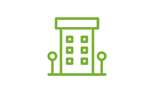 Icon of a modern building with trees on either side, outlined in green.