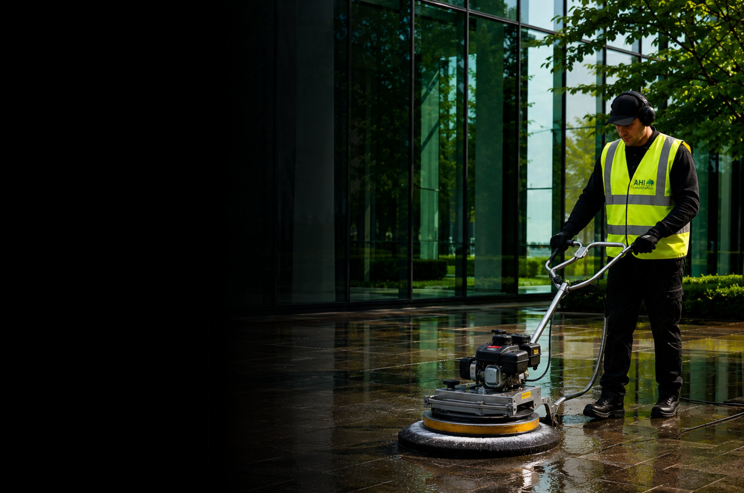 A worker in a yellow safety vest and black cap using a floor polishing machine outside a modern glass building.