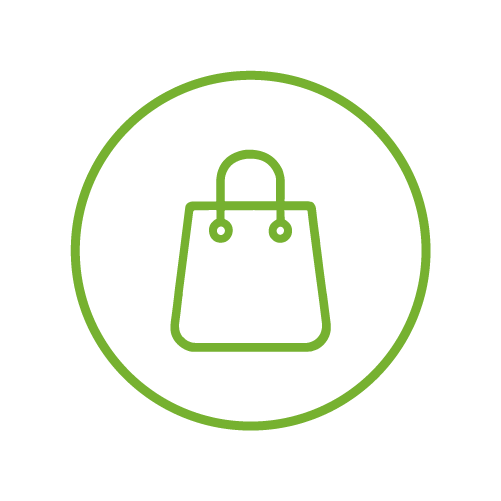 Green shopping bag icon inside a green circle on a black background.
