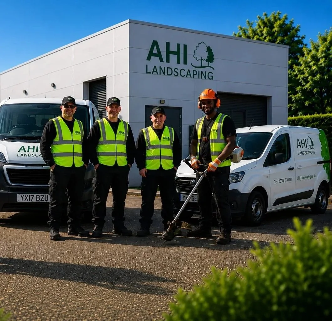 Four men wearing high-visibility vests and black clothing standing in front of a white company van with the logo 'AHI LANDSCAPING' and a white building with the same logo. One man is holding a string trimmer. The scene is outdoors on a sunny day.