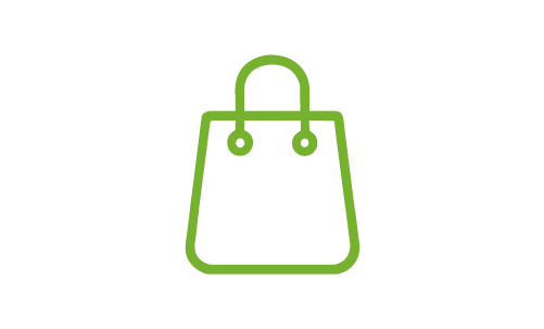 Green shopping bag icon with handles on a black background.