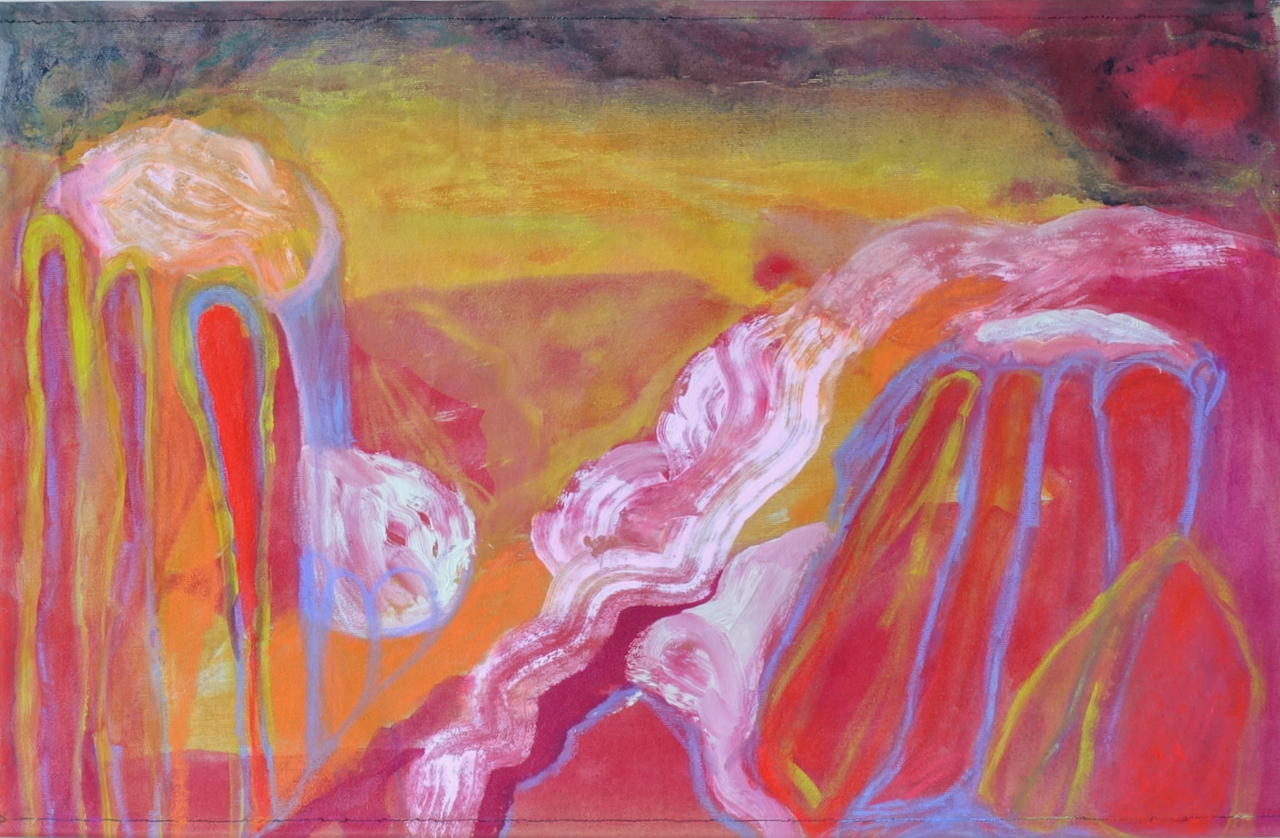 Abstraktes Gemälde mit fließenden Linien und bunten Farben, dominiert von Rottönen, Pink, Gelb und Blau, das an eine ländliche Vulkan- oder Wasserfall-ähnliche Szenerie erinnert.