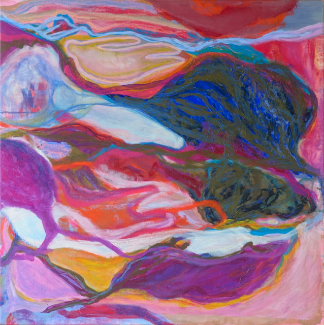 Abstraktes Gemälde mit lebhaften, bunten Farbverläufen und geschwungenen Linien in Pink, Blau, Lila, Orange und Grün.