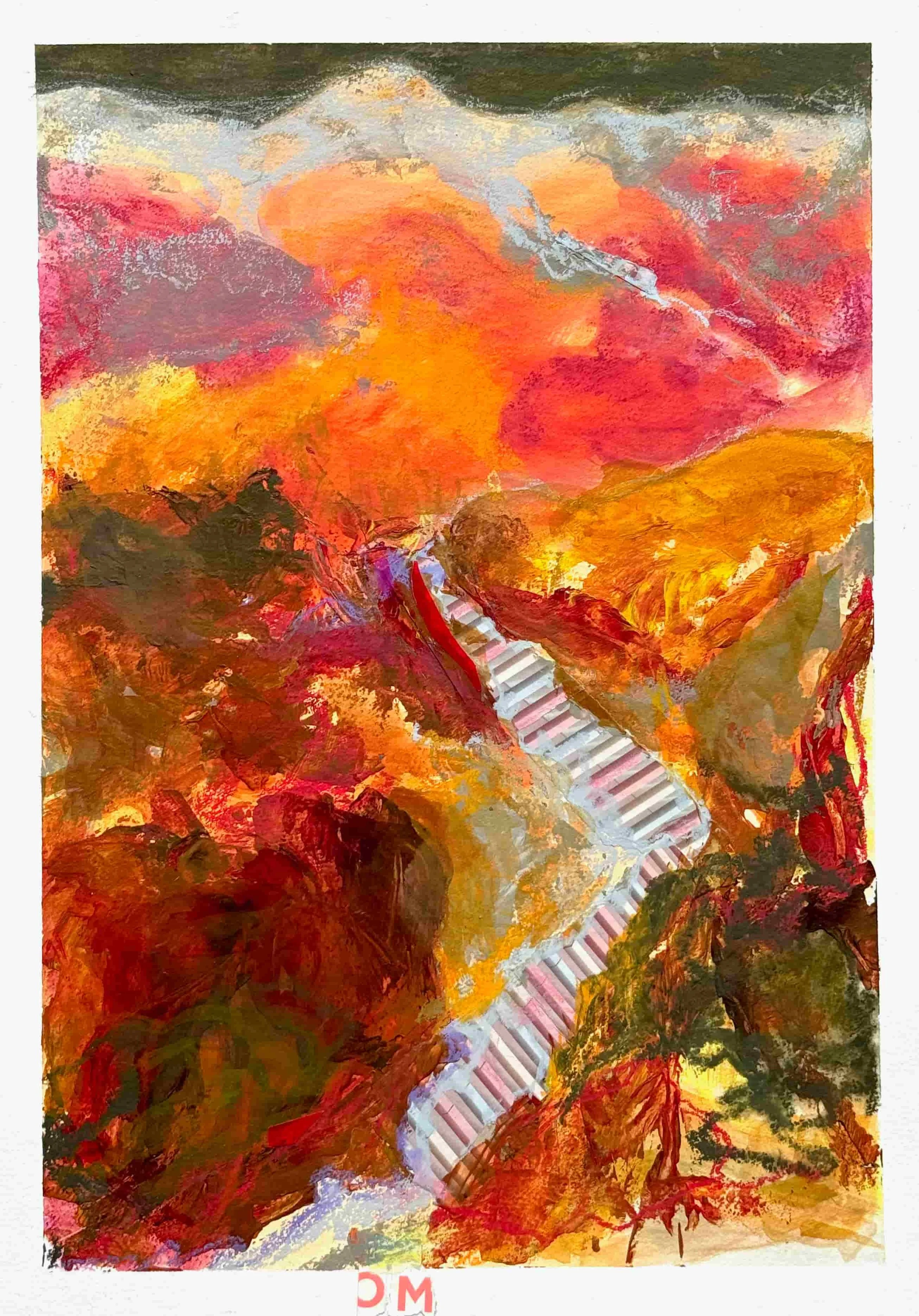 On hot coals | 34x48cm | 2025 | Acrylic, collage and watersoluble pastels on paper 