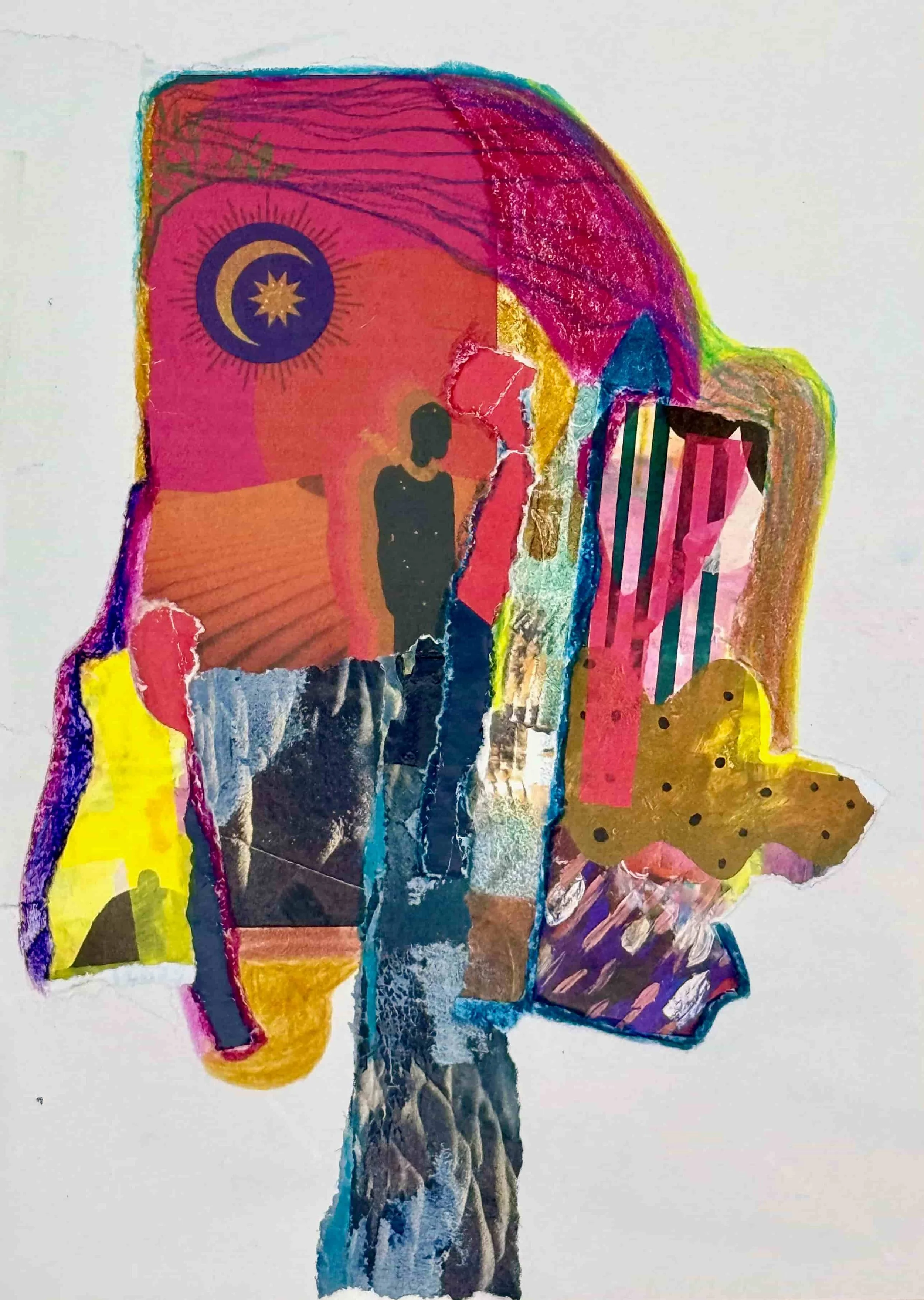 Overload | 15x20cm | 2025 | Collage and watersoluble pastels on paper 