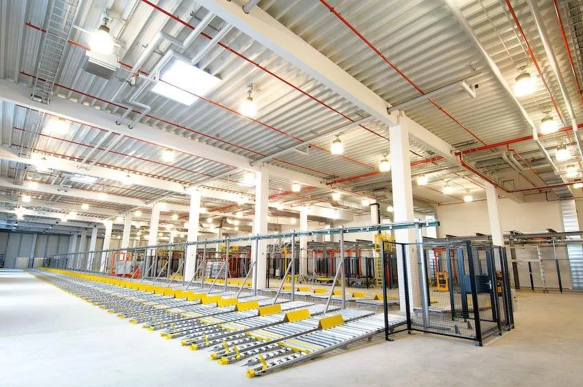 An empty automated parking garage with parking lifts and yellow wheel stops.
