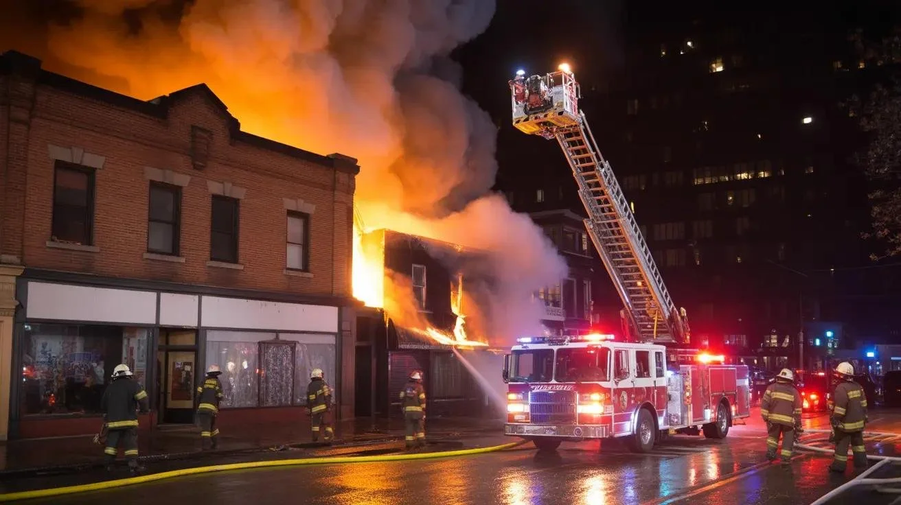 Building on fire due to no sprinkler system.