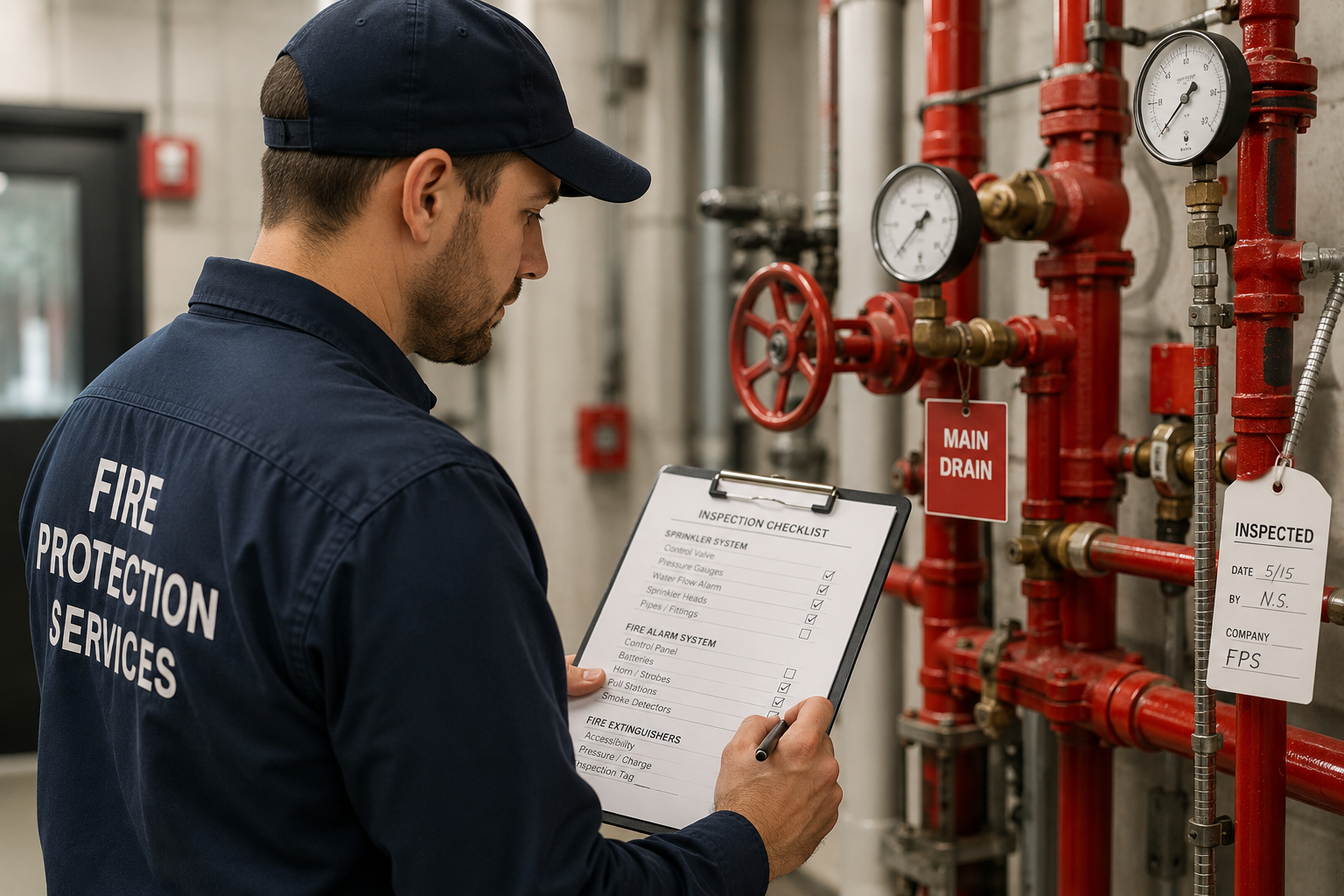 Fire protection professional conducting a routine inspection of fire sprinkler equipment and safety systems.