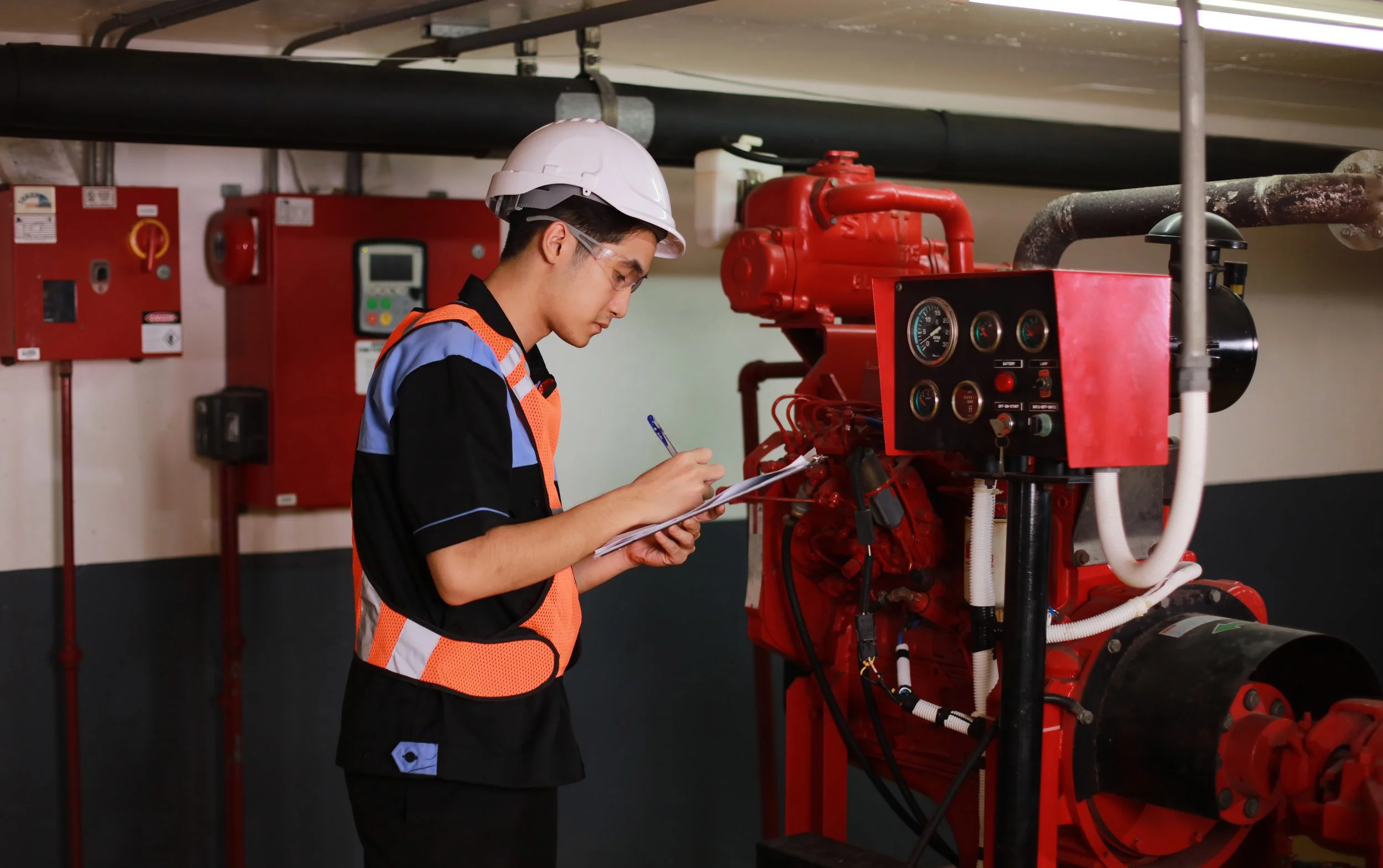 A young male engineer in a white safety helmet and orange safety vest takes notes on a clipboard next to industrial machinery, including red pipes and gauges, in an industrial or mechanical facility.