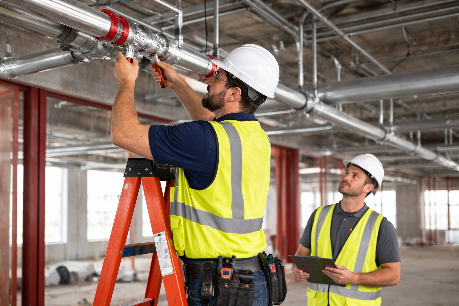 Workers installing fire sprinkler system