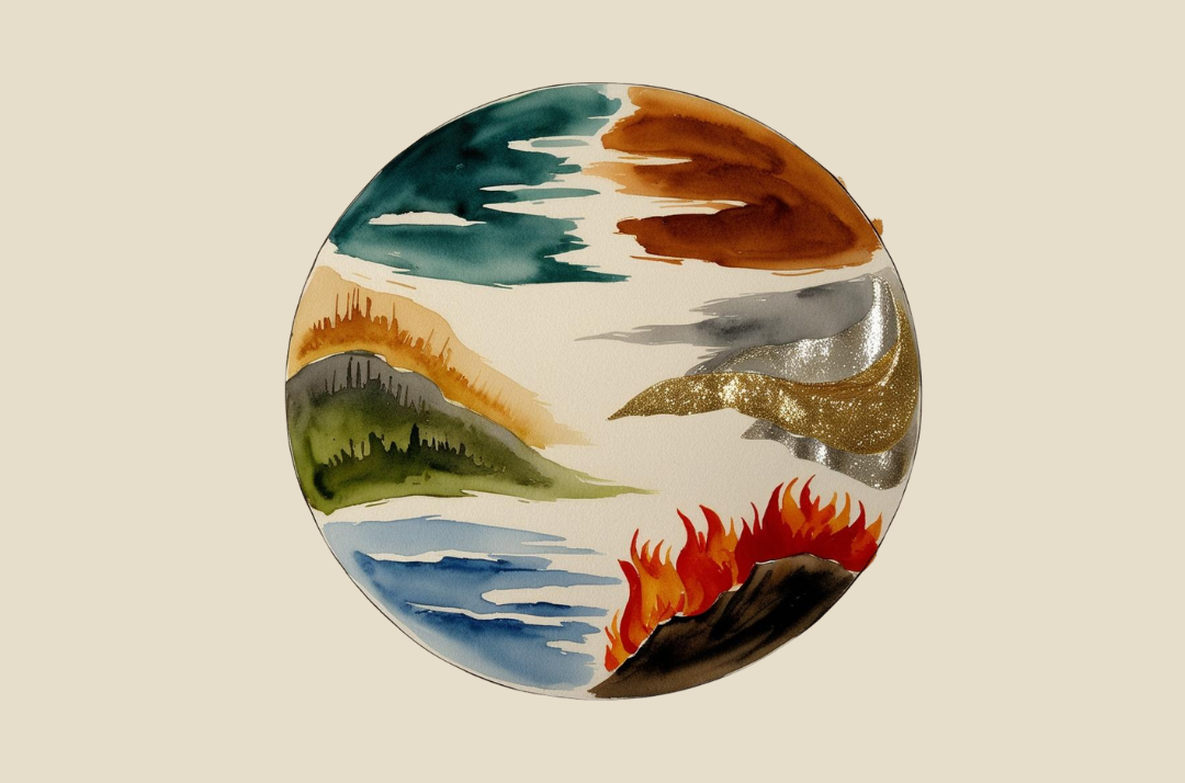 a watercolor art work depicting the five traditional chinese medicine elements of earth, fire, water, and metal