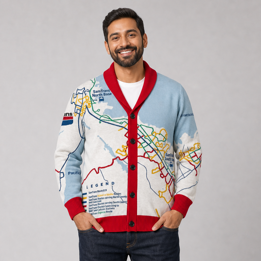 Simulated image of man wearing SamTrans 50th Anniversary Cardigan