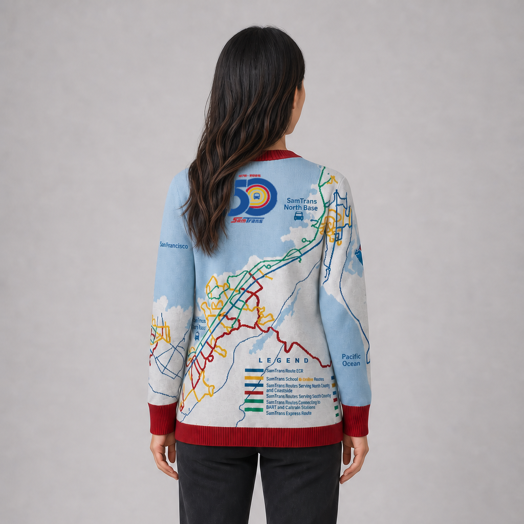 Simulated image of woman wearing SamTrans 50th Anniversary Cardigan Back View