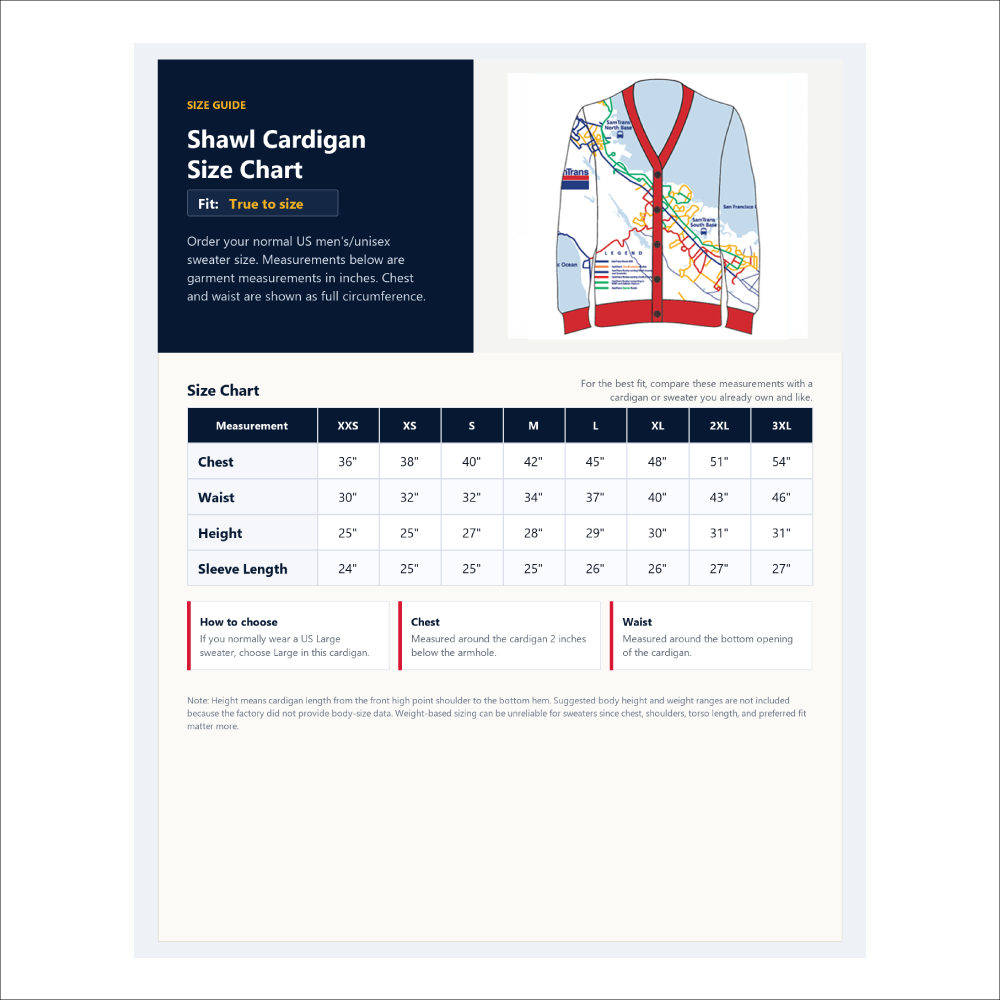 SamTrans Cardigan Sizing Chart