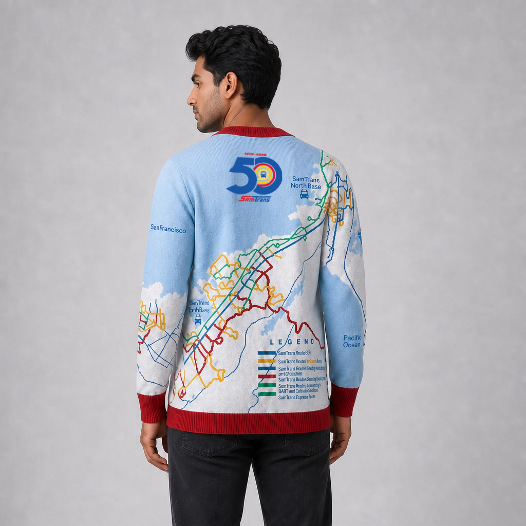 Simulated image of man wearing SamTrans 50th Anniversary Cardigan Back View