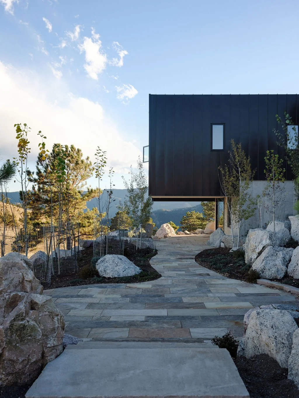 Modern black house with a sloped roof, surrounded by a landscaped yard with rocks, young trees, and a paved walkway, under a partly cloudy sky.