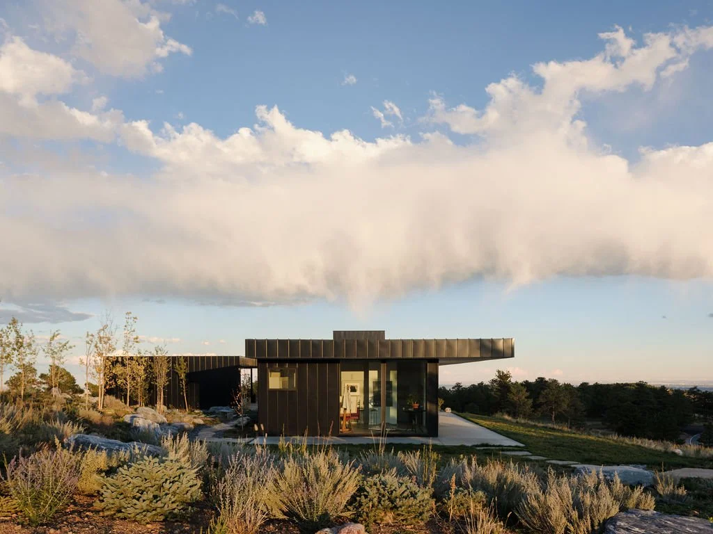 Modern black house with glass walls surrounded by desert plants and trees, under a partly cloudy sky.