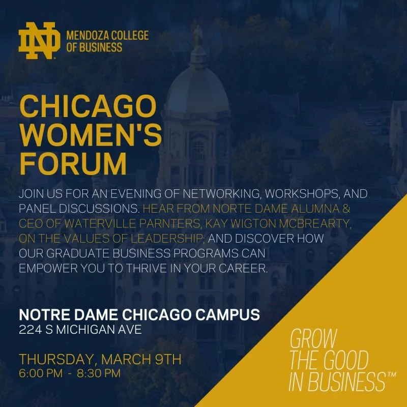 A navy and gold graphic with text promoting an event at the University of Notre Dame's Chicago campus location. The event was titled the Chicago Women's Forum, and took place Thursday, March 9th, 2022 from 6 to 8:30 p.m.