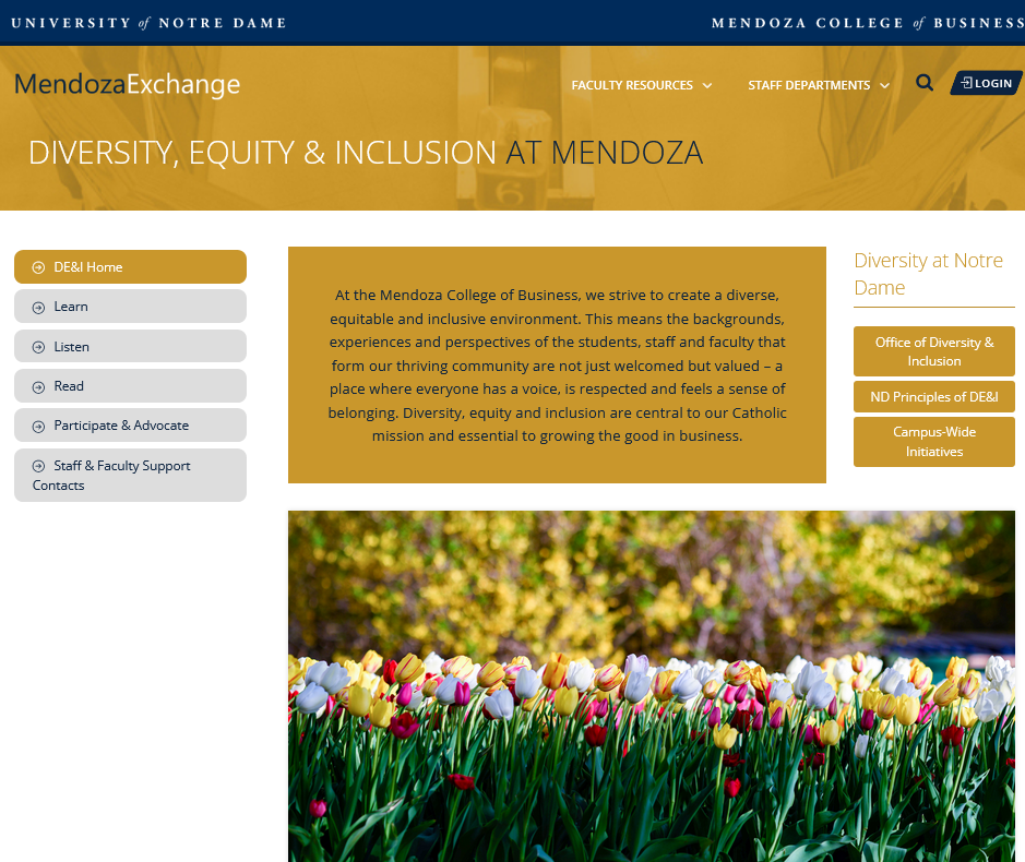 A screenshot of the University of Notre Dame Mendoza College of Business' internal DE&I resource page, featured on the organization's intranet site.