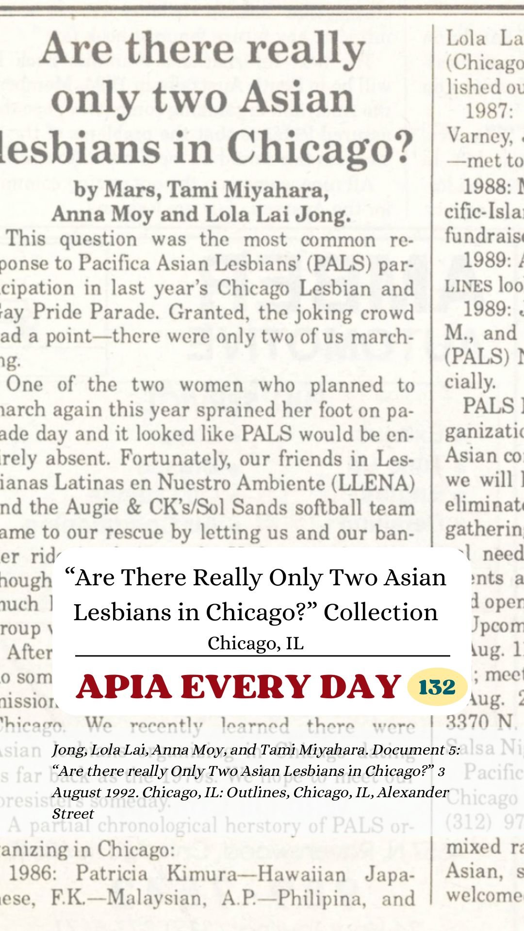 Day 132: “Are There Really Only Two Asian Lesbians in Chicago?”: Queer Asian Visibility and Community Formation Collection, Chicago, Illinois