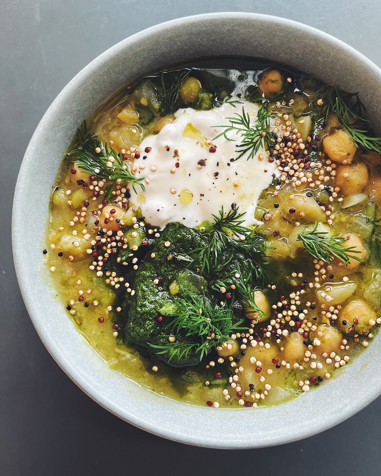 The newest addition to our menu: A hearty vegetarian bowl made with chickpeas, green split peas, root vegetables in a vegetable broth. Just the right amount of zing from lemon zest and juice. Topped with drained yogurt and herb puree. Only available 