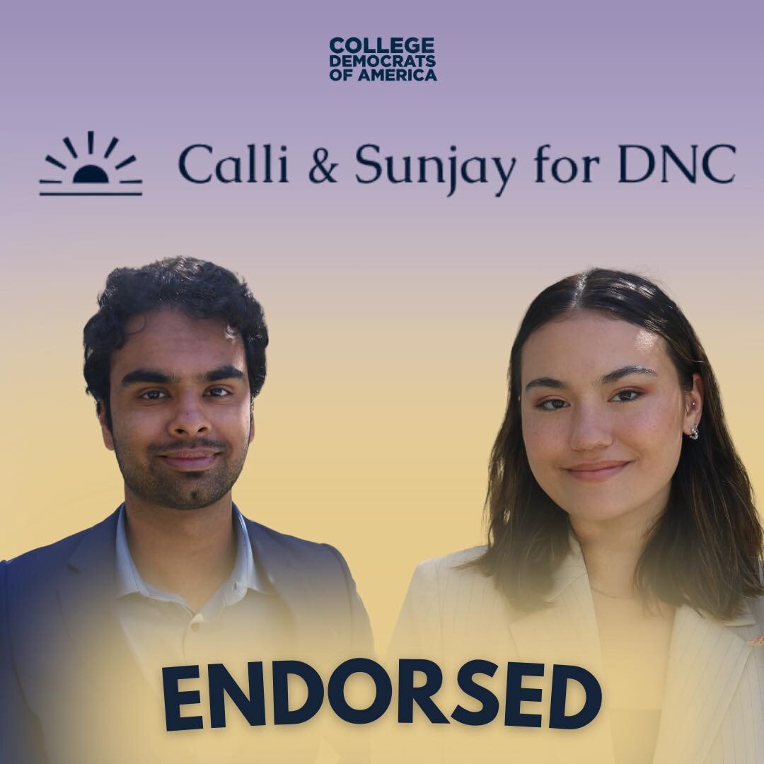 We are stoked to endorse Sunjay Muralitharan and Calli Tullis for #DNC members! We need more Gen-Z voices in the party and Sunjay and Calli have greatly demonstrated their commitment to representing youth voices in their communities. 💙