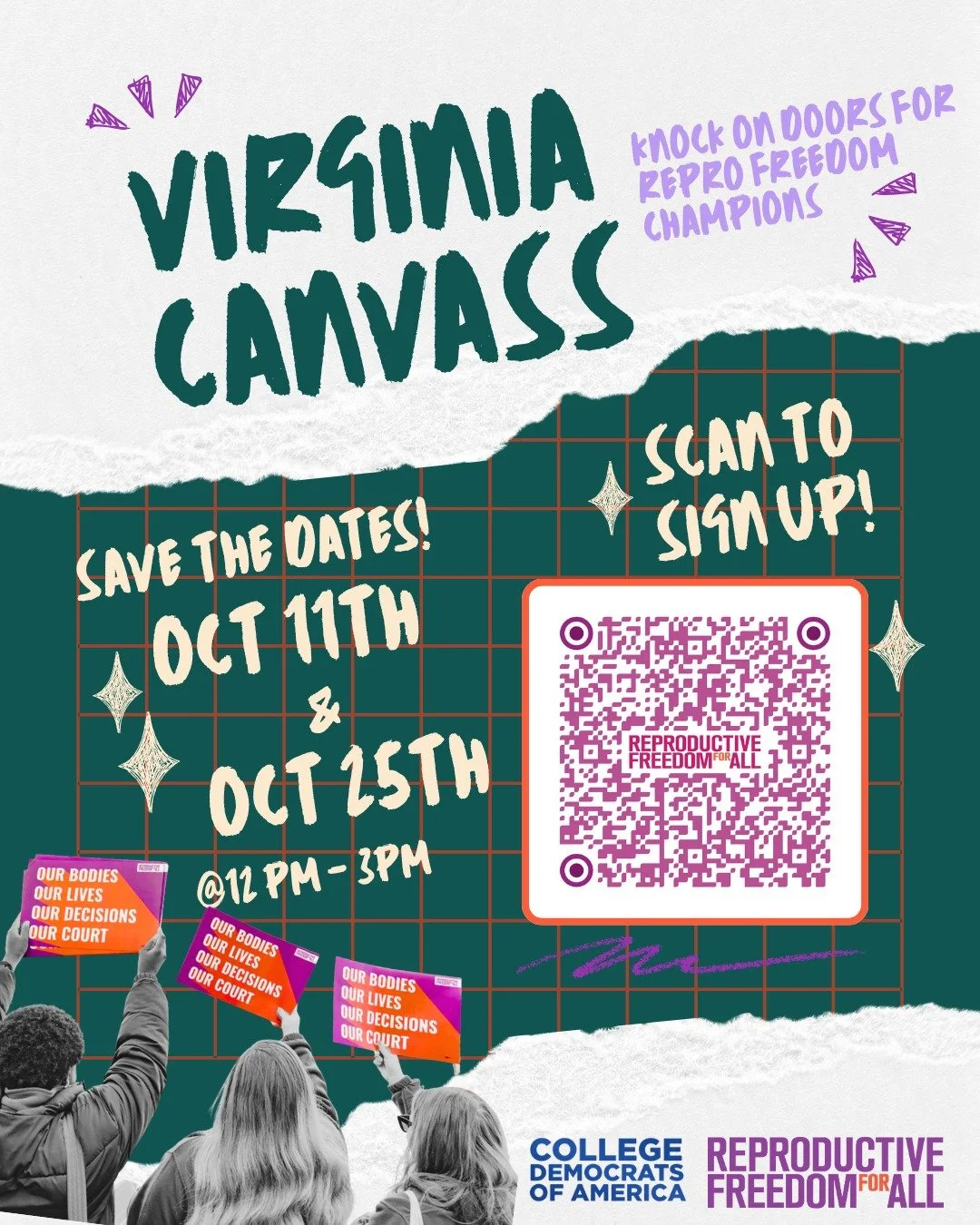 CDA and Reproductive Freedom For All are proud to announce canvassing sessions for Virginia! Knock on doors with us on October 11th and October 25th. Interested? Scan the QR Code above or use the link in our bio to sign up!