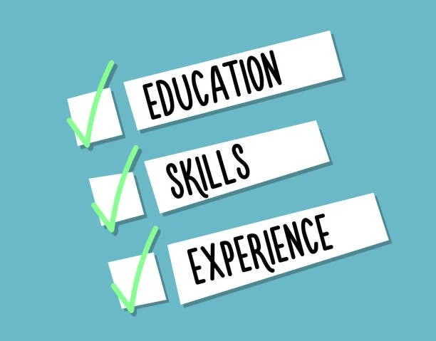 Checklist with three items: Education, Skills, and Experience, each with a green checkmark next to it on a blue background.
