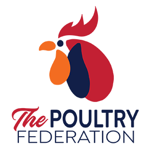Logo of The Poultry Federation featuring a stylized rooster head with orange beak, red comb, dark blue neck, and red wattles, with the organization name below.