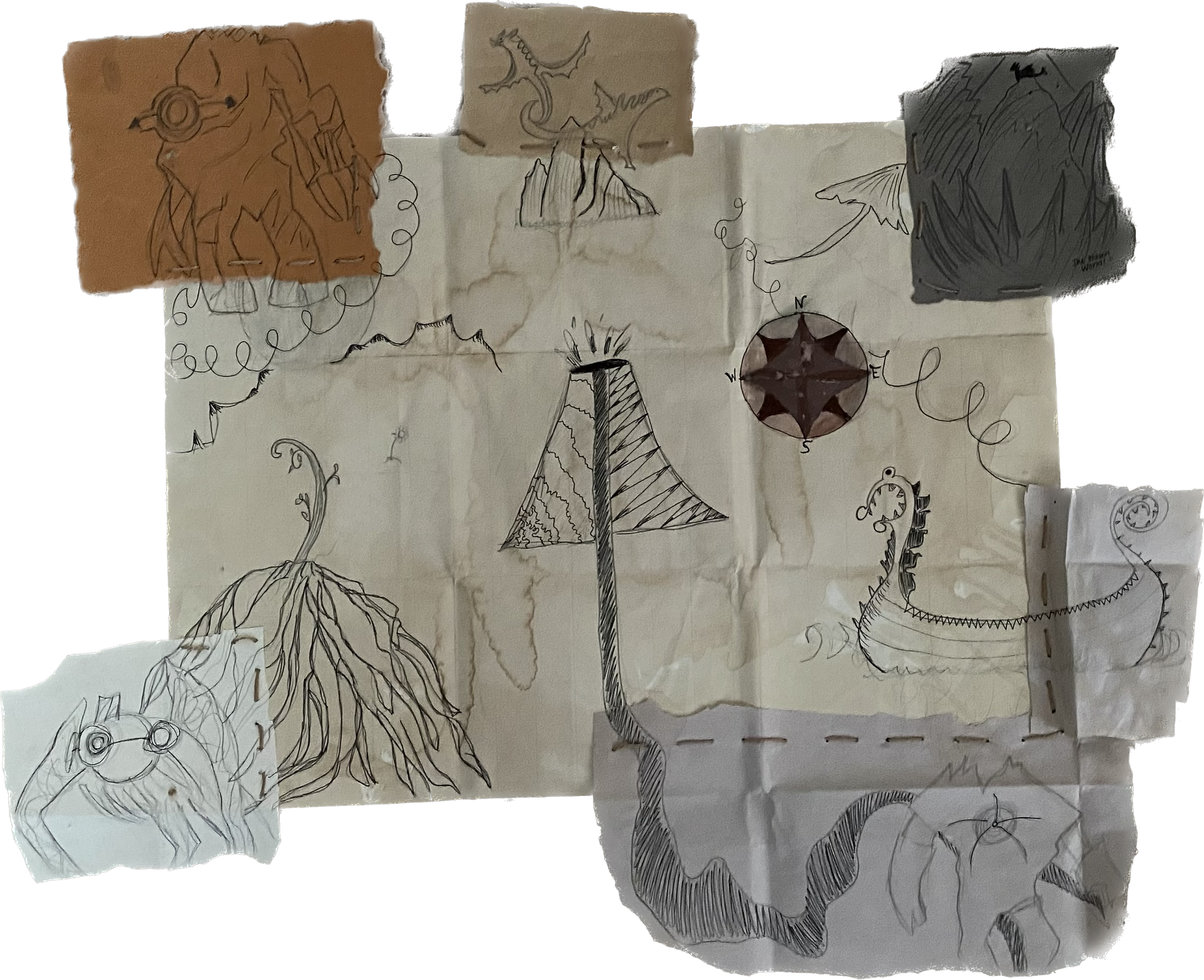 Untitled, 2021, yarn, coffee, and ink on scraps of paper, 26'' x 31½''