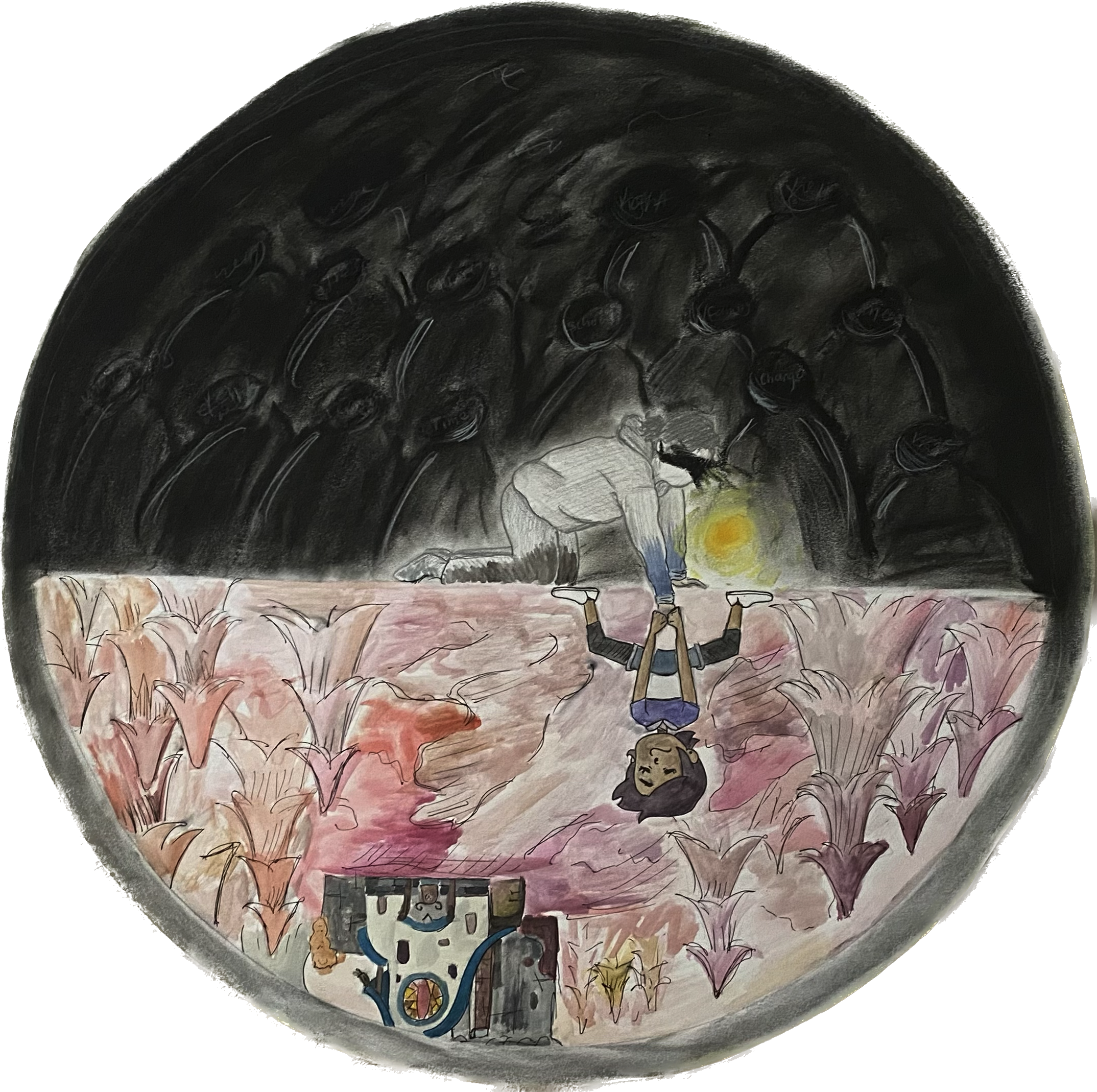 What Am I Doing Here? (2/3), 2023, pastels, ink, and gouache on mixed media paper, Diameter: 21''