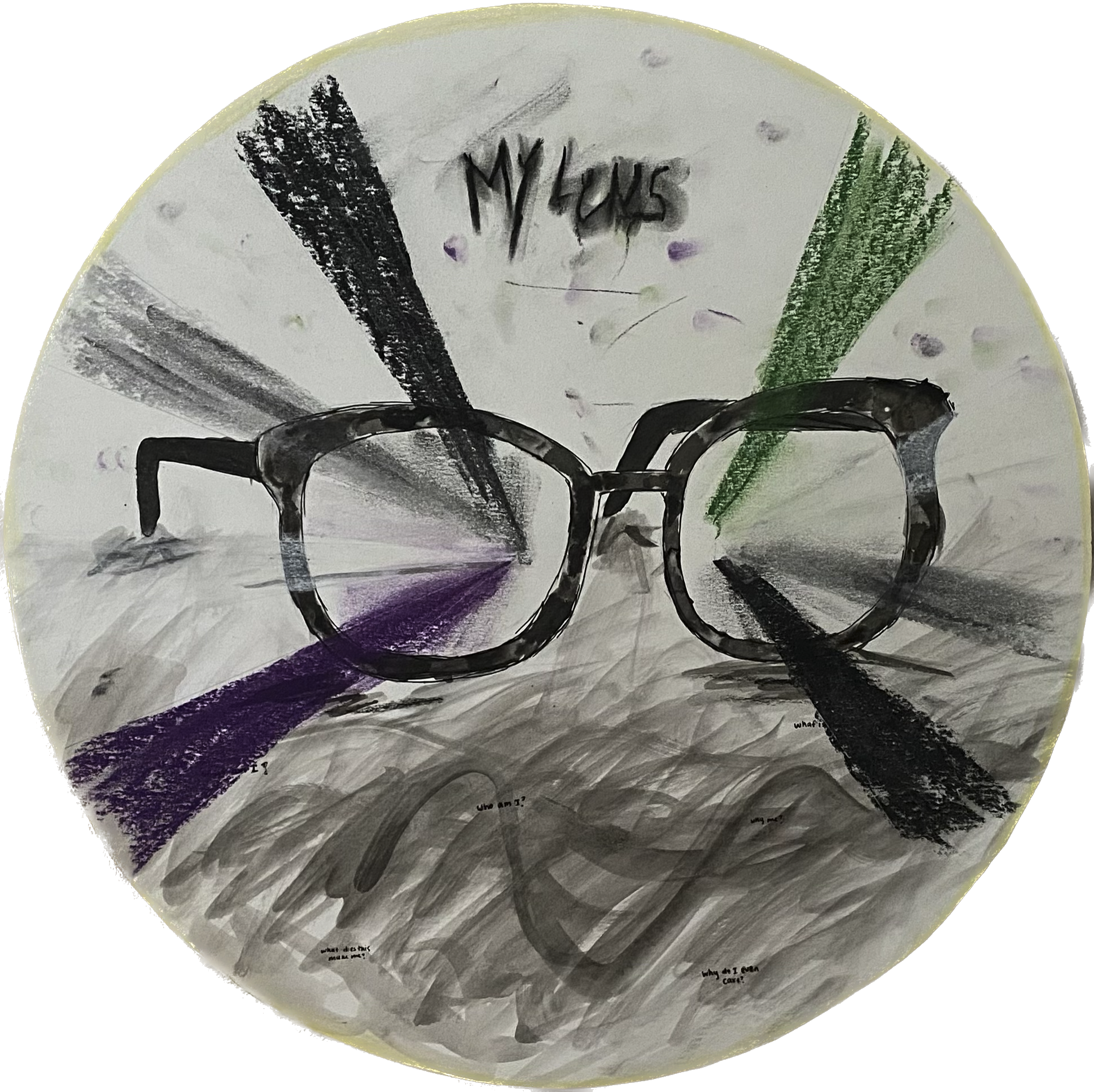 What Am I Doing Here? (3/3), 2023, pastels and ink on mixed media paper, Diameter: 17½''