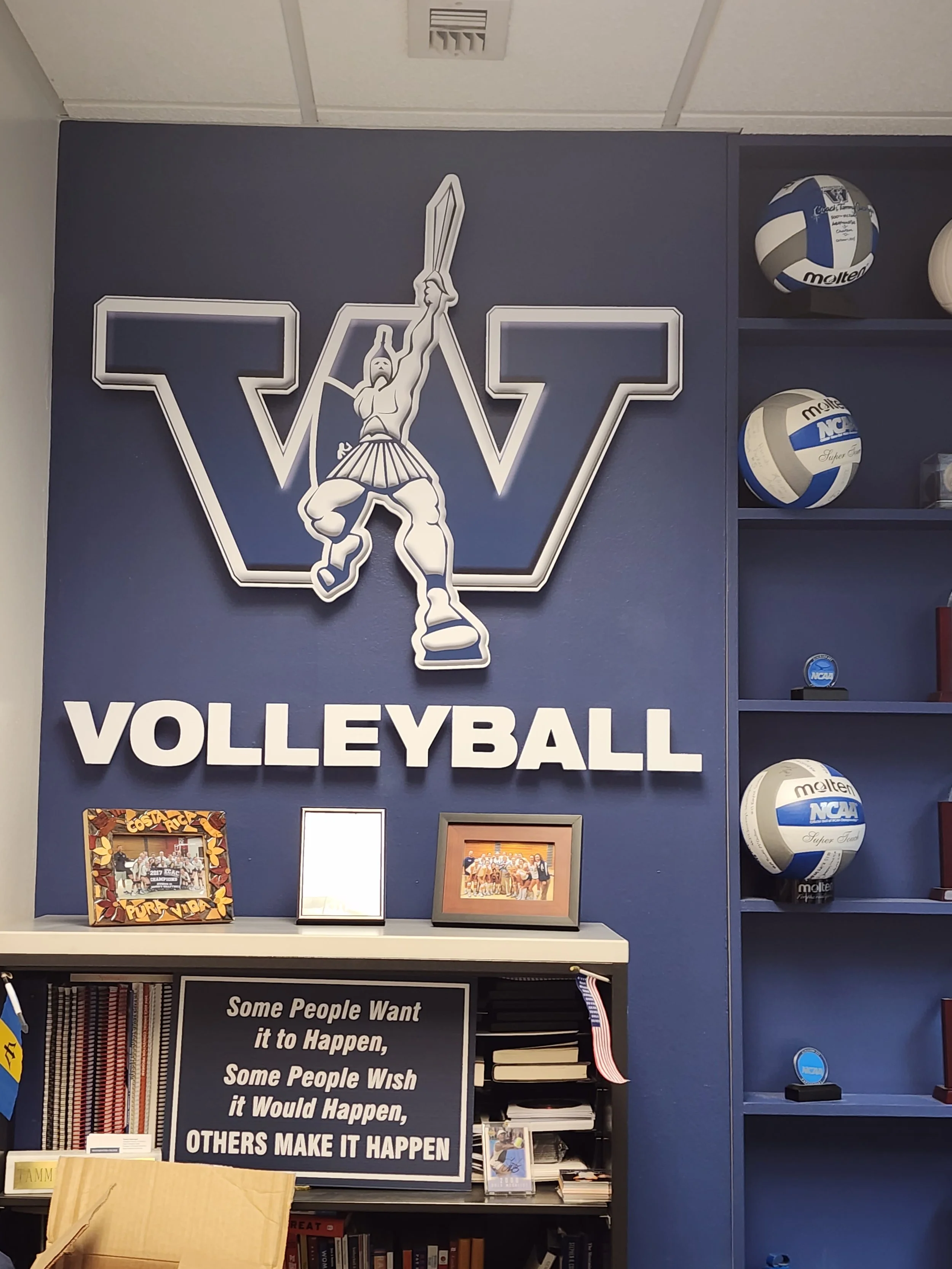 Wall with large volleyball logo and the words "VOLLEYBALL" underneath. Volleyballs displayed on shelves, framed pictures and a quote on the wall. Ceiling vent visible.