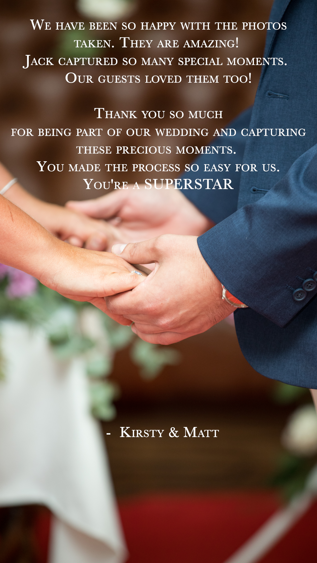 A wedding photo with a heartfelt thank you message overlay. The image shows a close-up of a couple holding hands, with the groom in a blue suit.