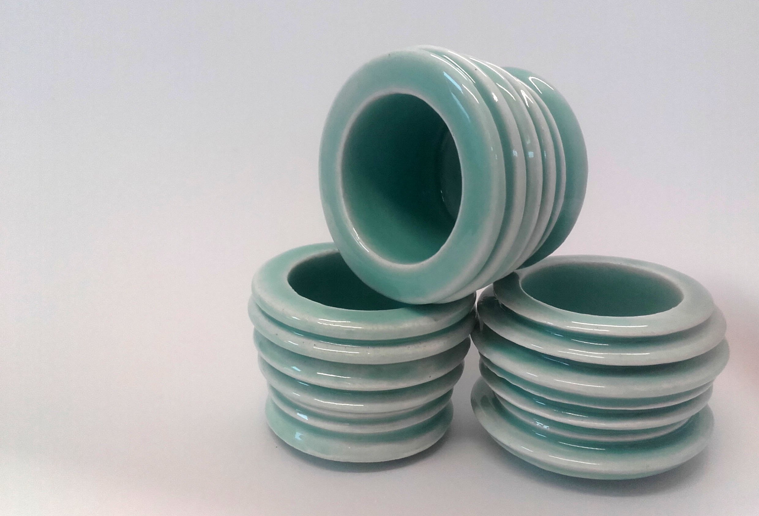 Kerrianne Flett: 'Beakers (DR/TR/10)' 3D printed porcelain, green celadon glaze