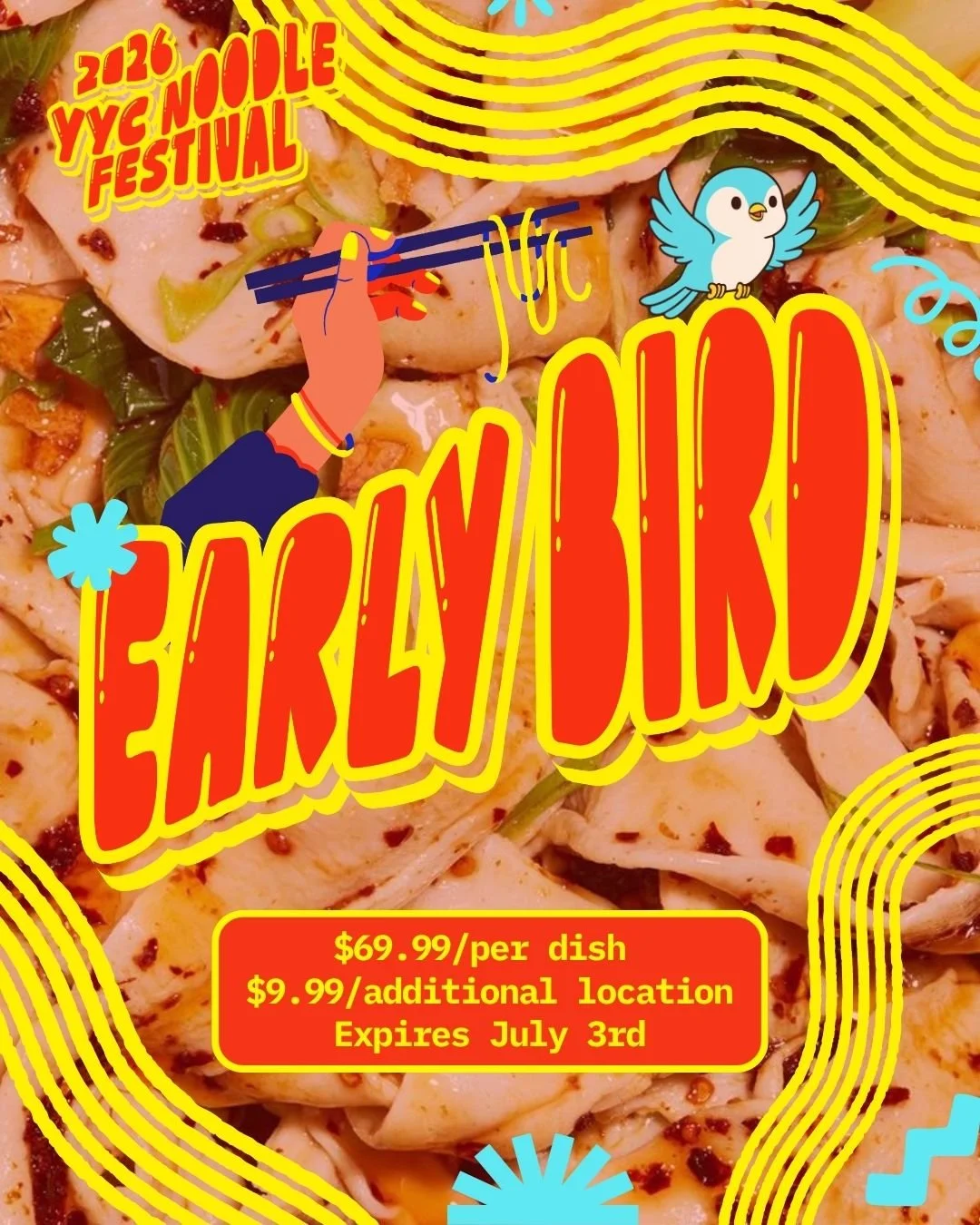 Early bird registration for the 2026 YYC Noodle Festival is officially OPEN! 🍜✨

If you&rsquo;ve been waiting to lock in your spot, now is the time to do it. Here are the early bird rates:

$69.99 per dish
$9.99 per additional location

This special