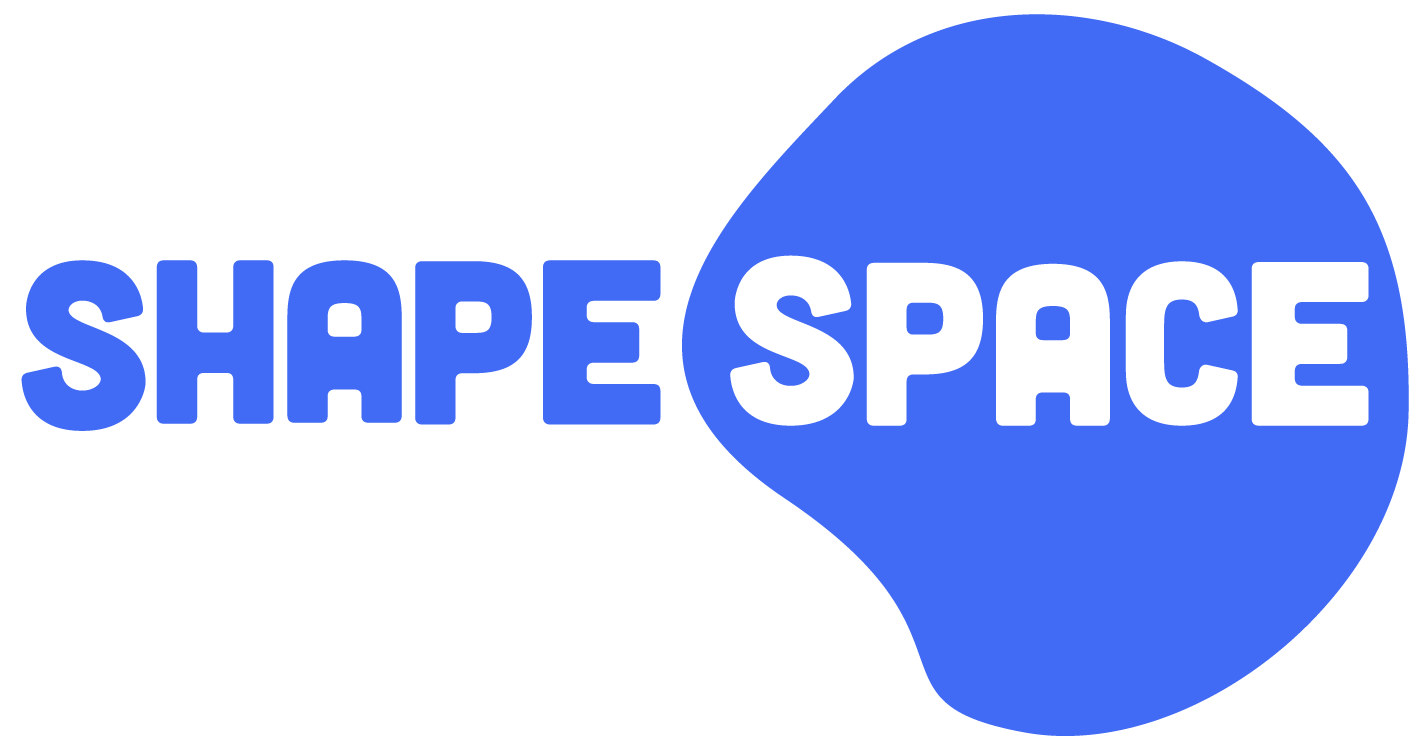 Shapespace Logo - blue text and round organic shape
