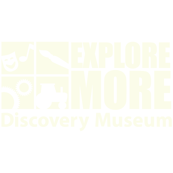 Logo for Explore More Discovery Museum featuring icons of a drama mask, musical note, fountain pen, gears, and a beaker with text 'EXPLORE MORE Discovery Museum'.
