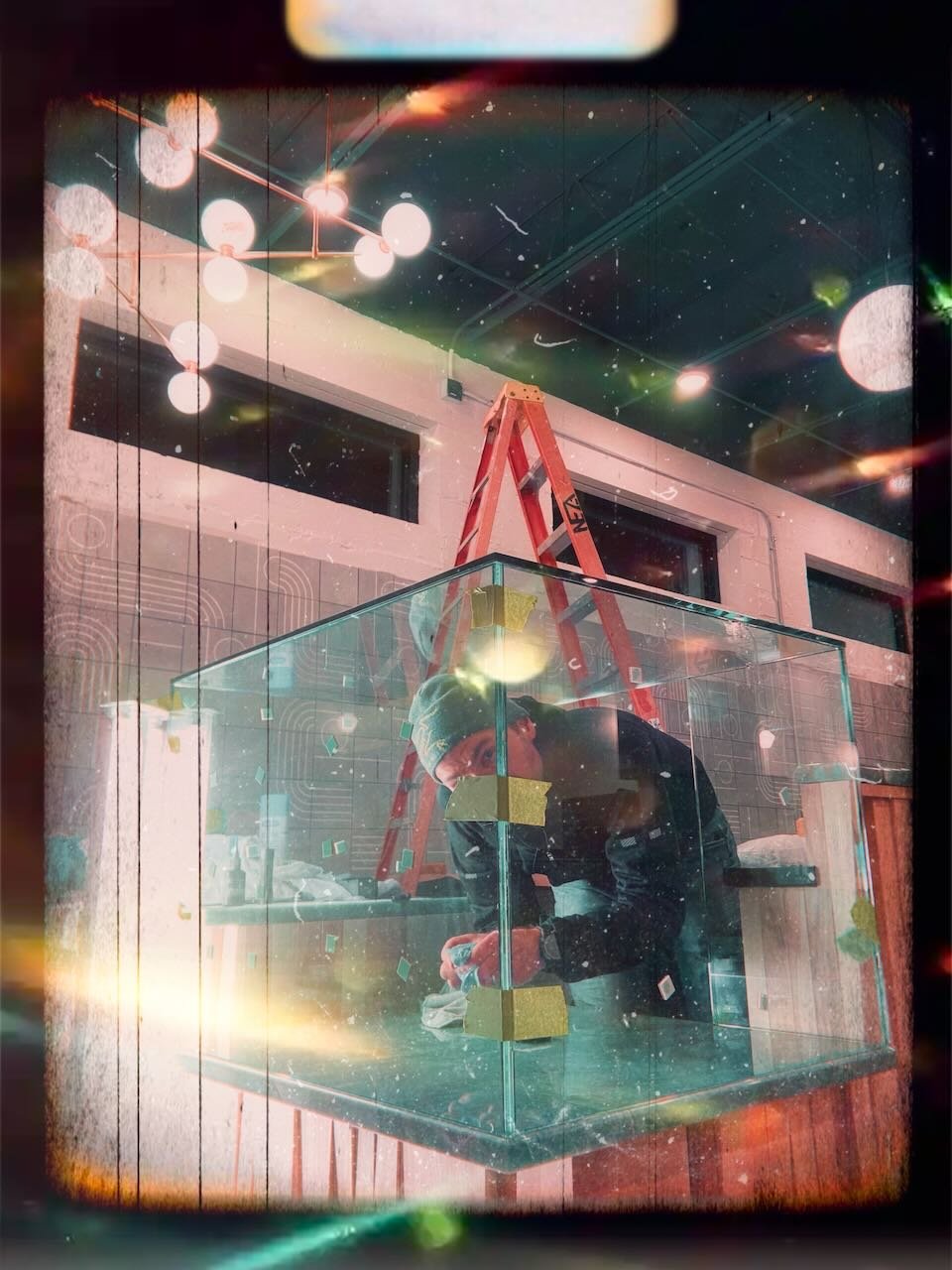 Person working on sealing a glass display case in an indoor space, with a red ladder and a window in the background, and a space-themed overlay of stars and planets.