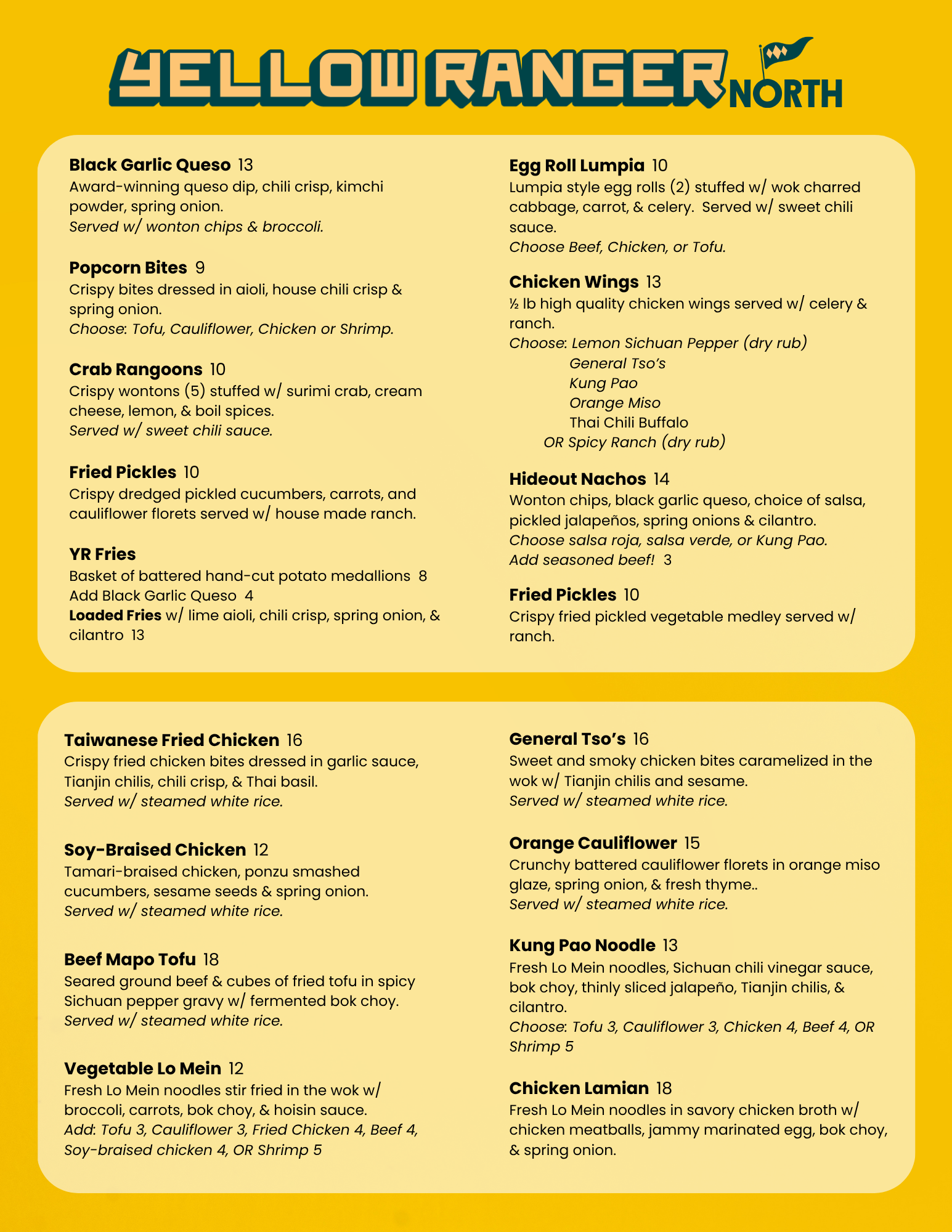 Image of a restaurant menu titled 'Yellow Ranger North' featuring various Asian-inspired dishes with descriptions and prices, including appetizers, entrees, and sides.