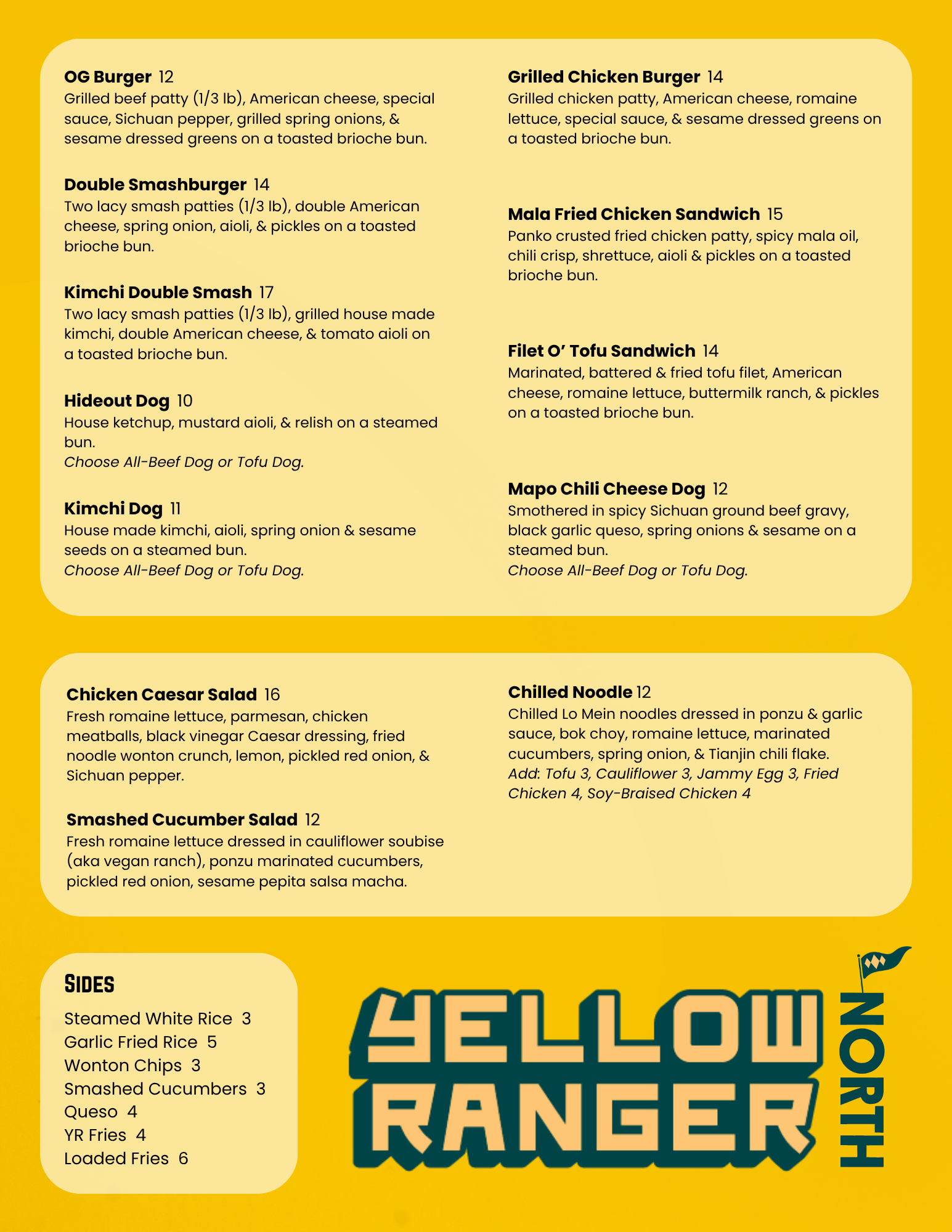 A menu featuring various burger, sandwich, salad, noodle, and side options on a yellow background.