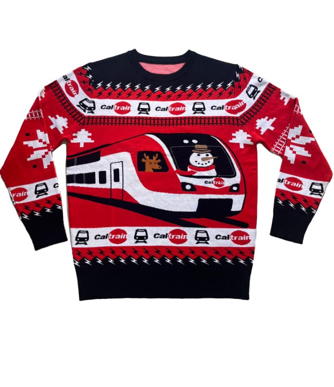 Front Side of Caltrain Holiday Sweater 2025