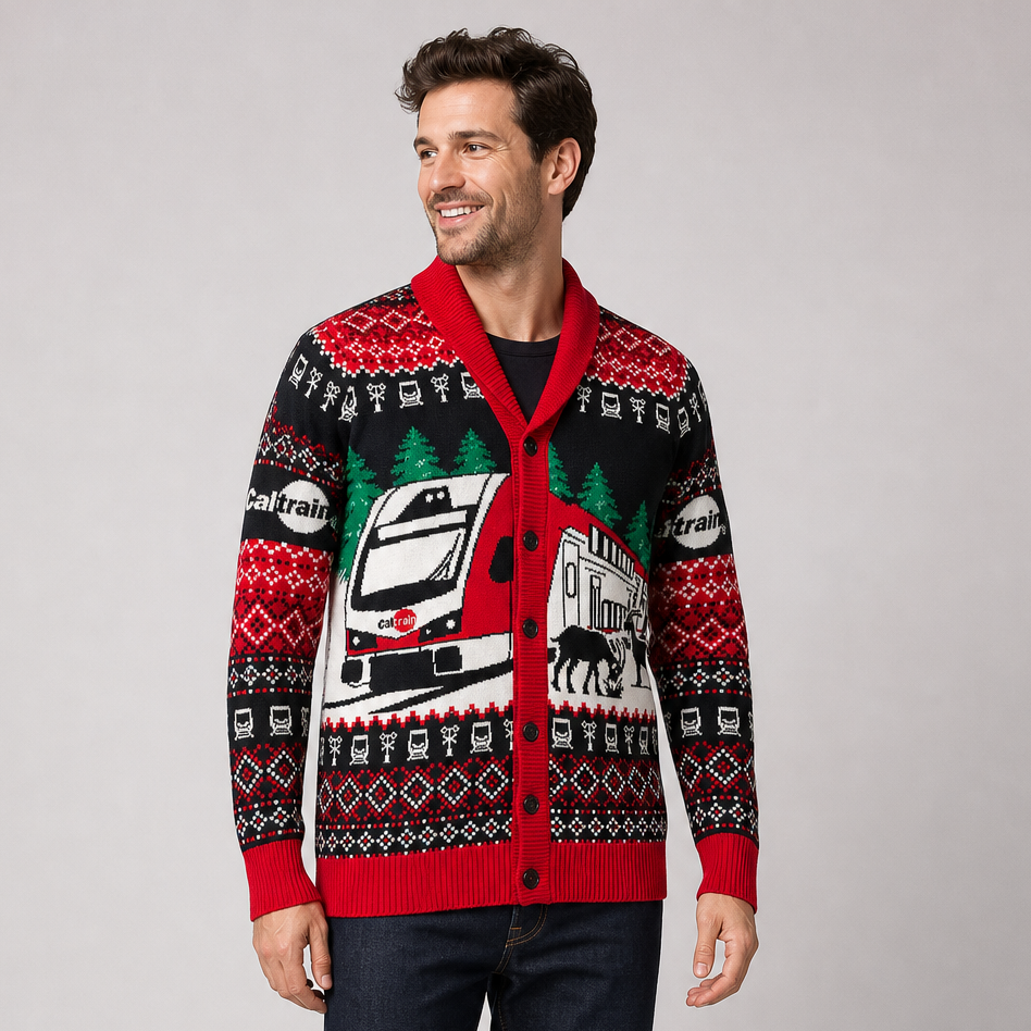 Simulated image of man wearing Caltrain Cardigan